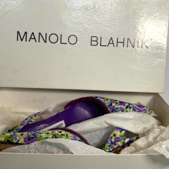 Authentic Manolo Blahnik Purple and Green Floral Slingback Pointed Heels Size 35
